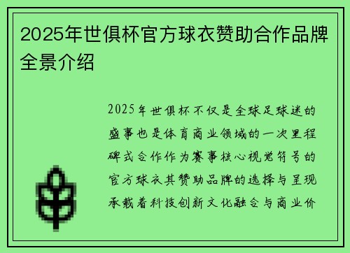 2025年世俱杯官方球衣赞助合作品牌全景介绍