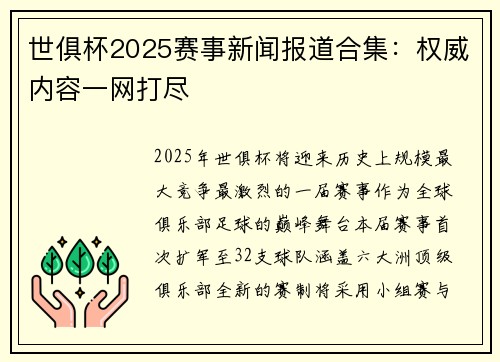 世俱杯2025赛事新闻报道合集：权威内容一网打尽