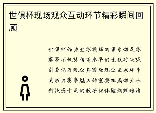 世俱杯现场观众互动环节精彩瞬间回顾