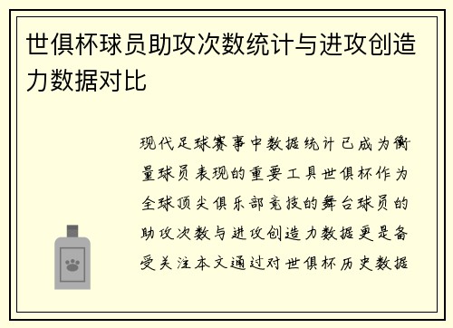 世俱杯球员助攻次数统计与进攻创造力数据对比